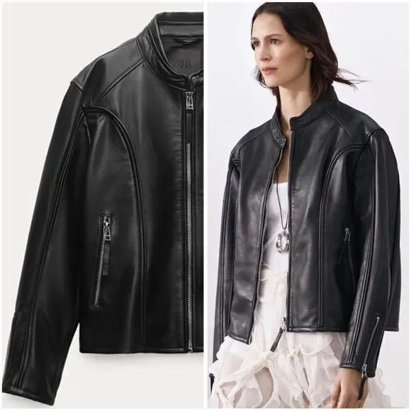 ZW COLLECTION ZIPPERED GENUINE LEATHER JACKET - Picture 1 of 16